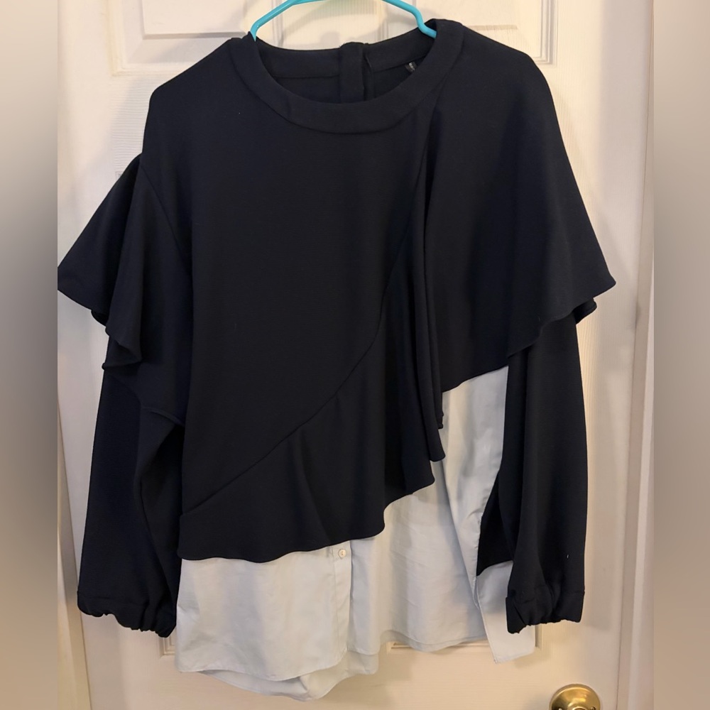 Zara Navy Knit and White Woven Layered Women's Top - NWT! SZ L